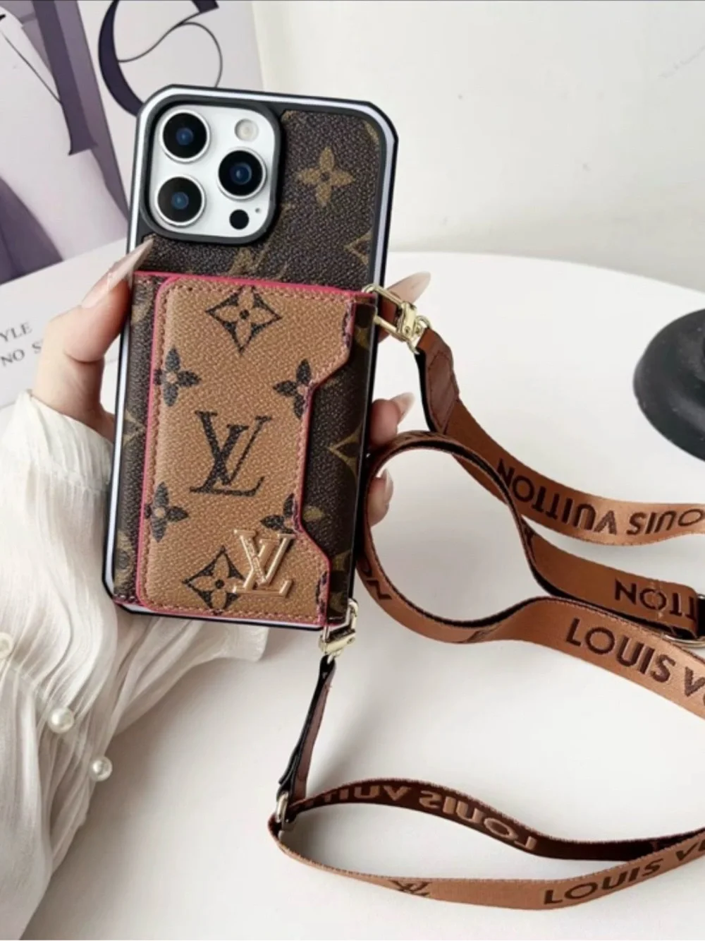 LV. Pro Max Monogram Cardholder Phone Case with Pink Trim and Brown Strap